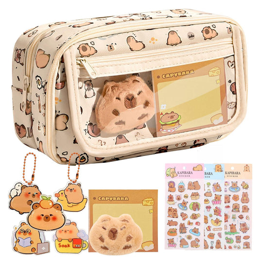 Capybara - Estuche Multicapa de Gran Capacidad con Llavero de muñeca Capybara, broches, Pegatinas, 2 en 1, Estuche extraíble con Cremallera