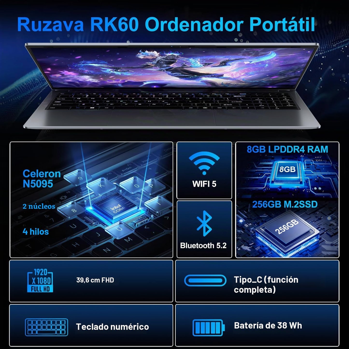 Ordenador Portátil 15,6 Pulgadas Celeron N5095 2,9 GHz Win11 Pro 8GB 256GB SSD Expansión 1TB 5G WiFi 1920x1080 FHD BT4.2 HDMl USB 3.0 Portatil con Ratón Inalámbrico y Teclado Español Membrana - Gris-A