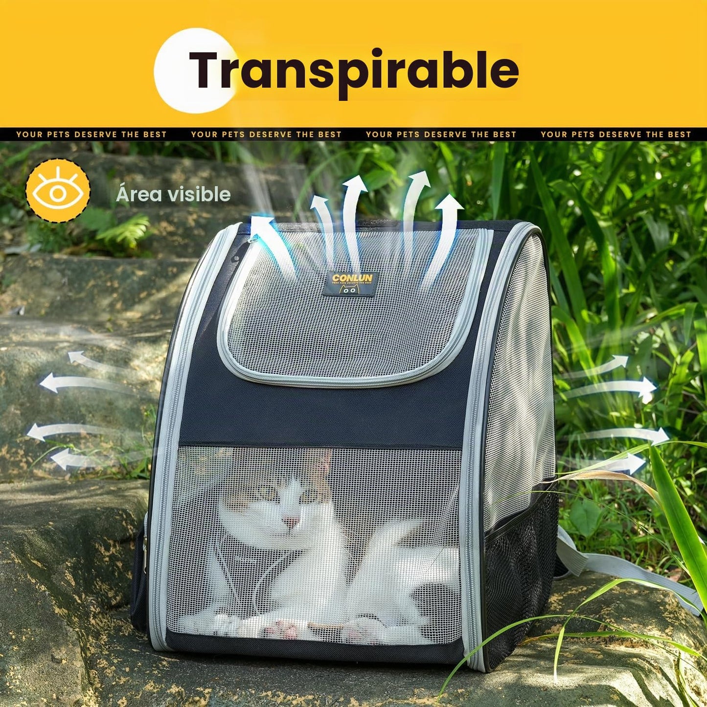 Conlun Mochila Gato y Transportin Perro pequeño para Perros pequeños y Gatos de hasta 7 kg, Mochila para Perros Ventanas de Malla en 3 Lados, para Viajes y Senderismo,Gris