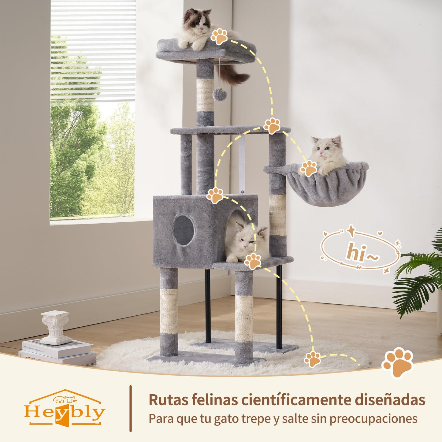 Heybly Rascador para Gatos, Árbol para Gatos De 125 Cm, Torre De Gato Espaciosa Y Cómoda con Guarida, Dos Grandes Plataformas, Cesta, Robustos Tubos De Acero, Gris Claro HCT200SW-