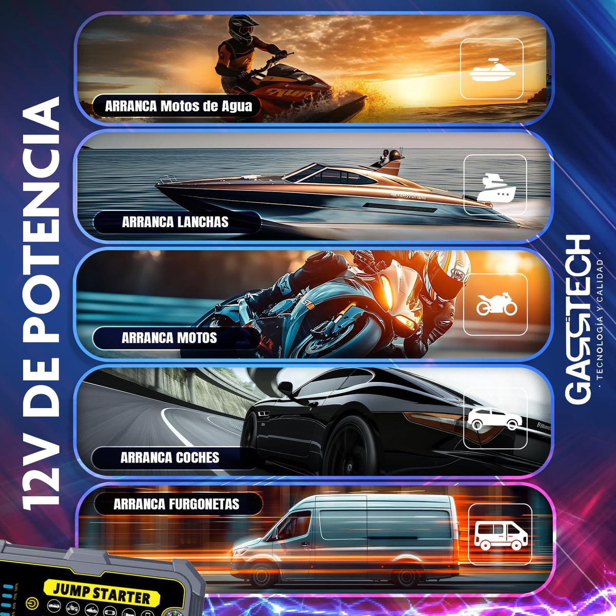 GARRTECH® SUPER Arrancador De Baterias De Coche 10.000A ULTRA RÁPIDO | Arrancador De Coches 12V Para Motor 10L Gas o 9.0L Diésel | Arrancador De Coches Portatil con pinzas | Linterna Led De Emergencia