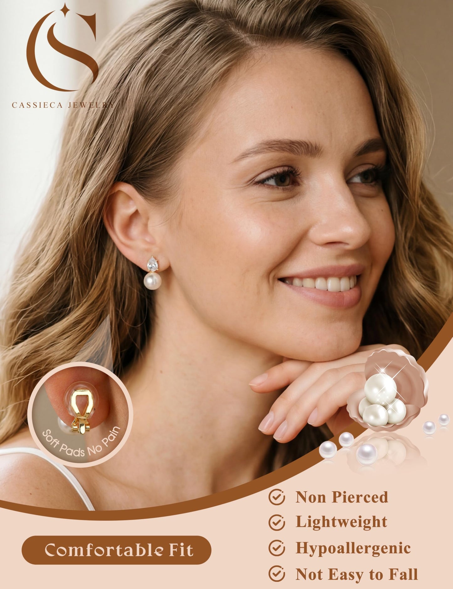CASSIECA Pendientes Mujer de Clip Pendientes Perla Sin Agujero Hipoalergenicos Pendiente Brillantes sin Perforación para Novias Damas de Honor Joyería sin Perforación Clip con Perla