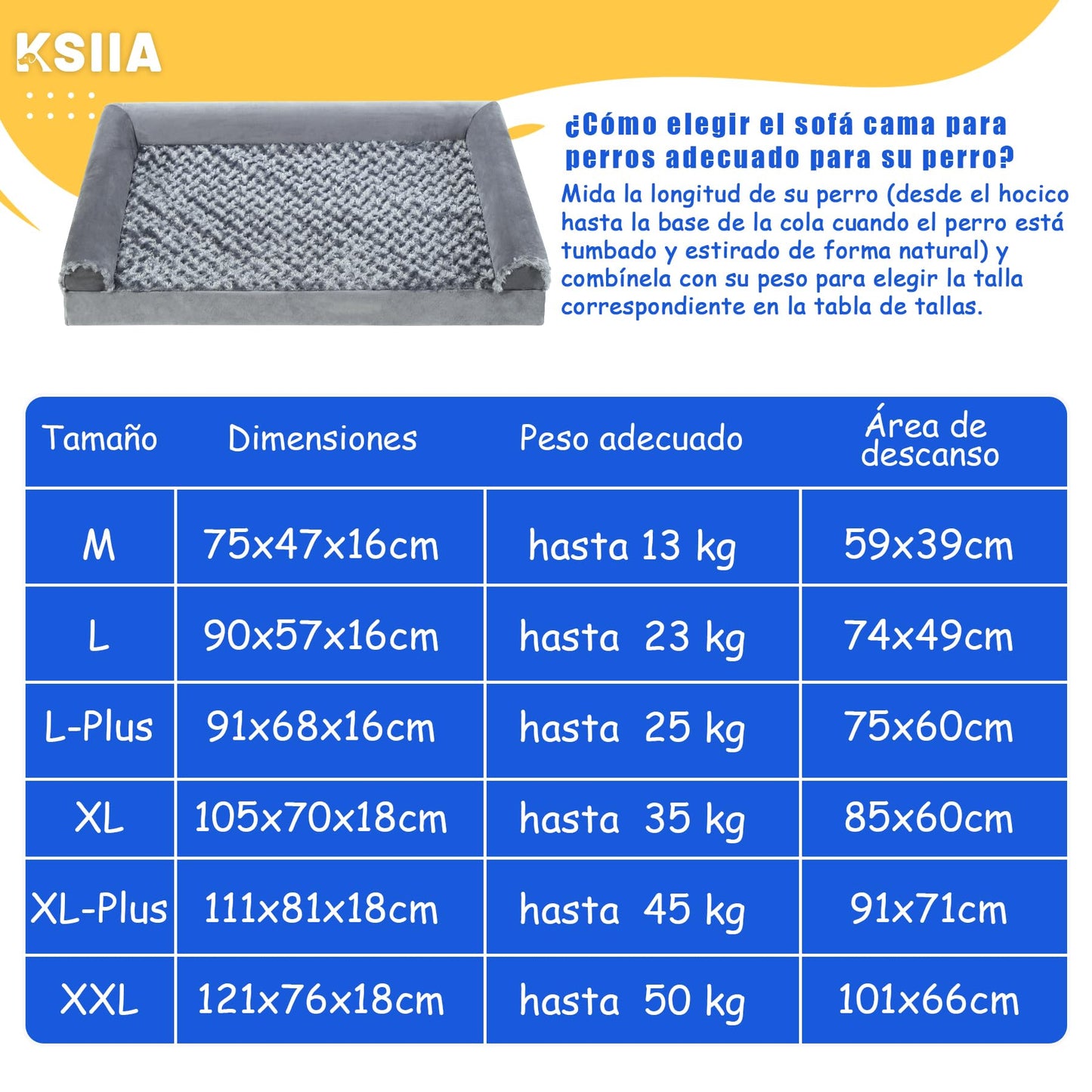 KSIIA Cama Perro Grande, Cama Ortopédica para Perros (90x57x16cm) Desenfundable y Lavable, Sofá para Perros, Gris, L