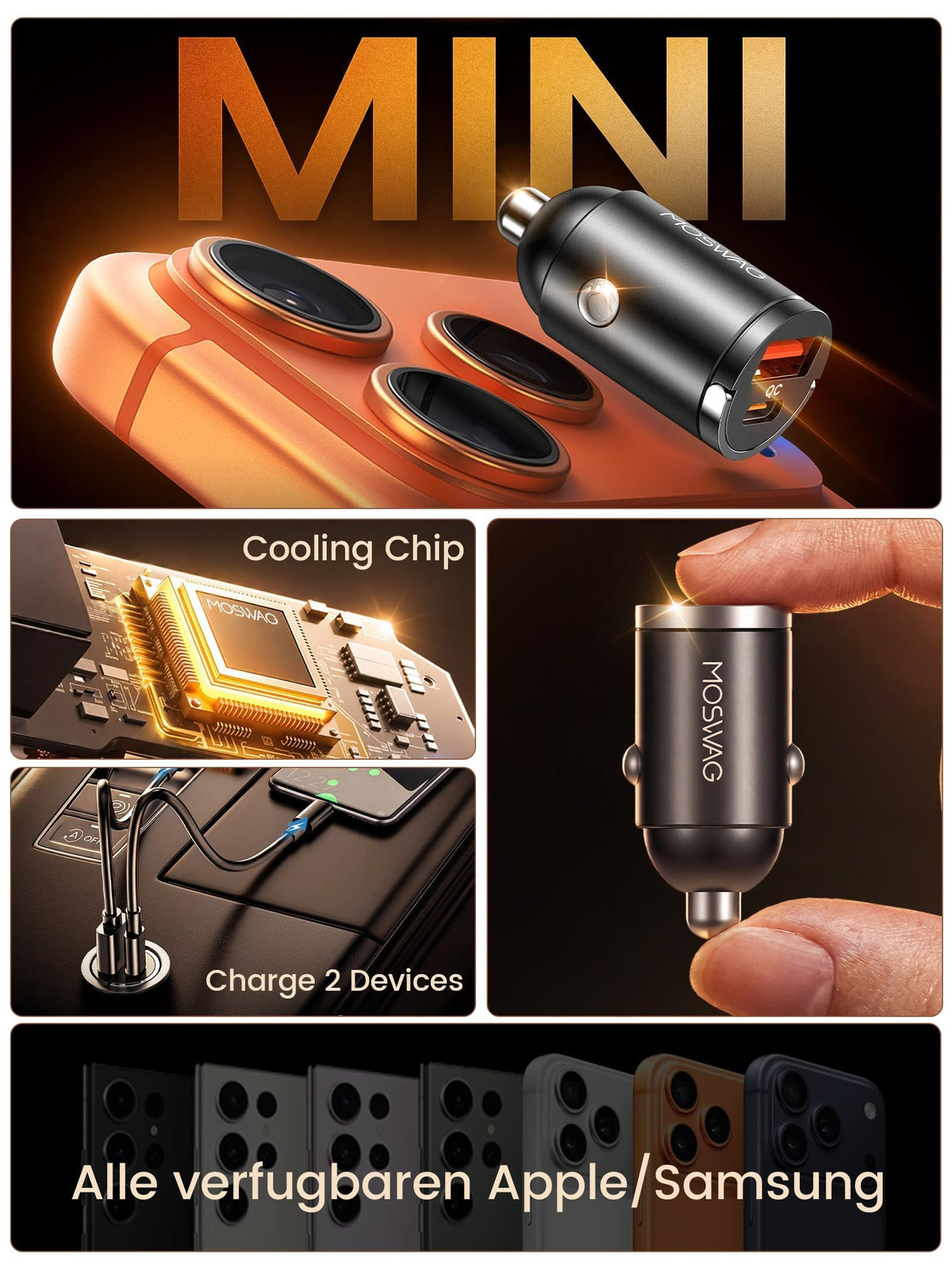 MOSWAG Cargador Coche Carga Rápida, Coche USB Carga Rápida PD, USB C Cargador Mechero Compatible con El iPhone 17/16/15/14 / Pro MAX, El iPad, Samsung Galaxy S24 S23 S22