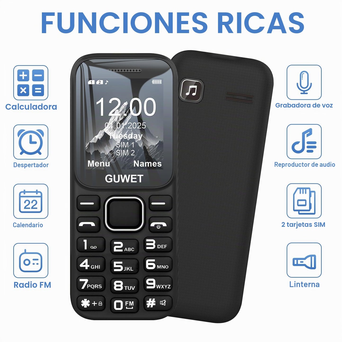 Guwet A2 2G Teléfono Móvil para Personas Mayores, Teclas Grandes, Función SOS, Volumen Alto, Llamada Rápida, Doble SIM Doble Standby, Larga duración de batería, Color Negro