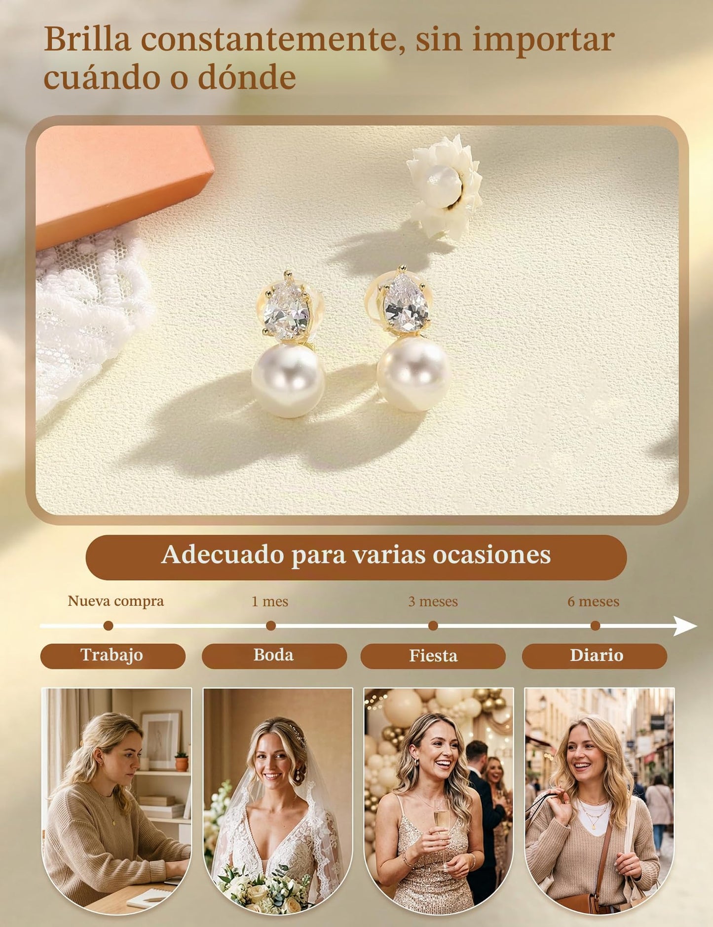 CASSIECA Pendientes Mujer de Clip Pendientes Perla Sin Agujero Hipoalergenicos Pendiente Brillantes sin Perforación para Novias Damas de Honor Joyería sin Perforación Clip con Perla