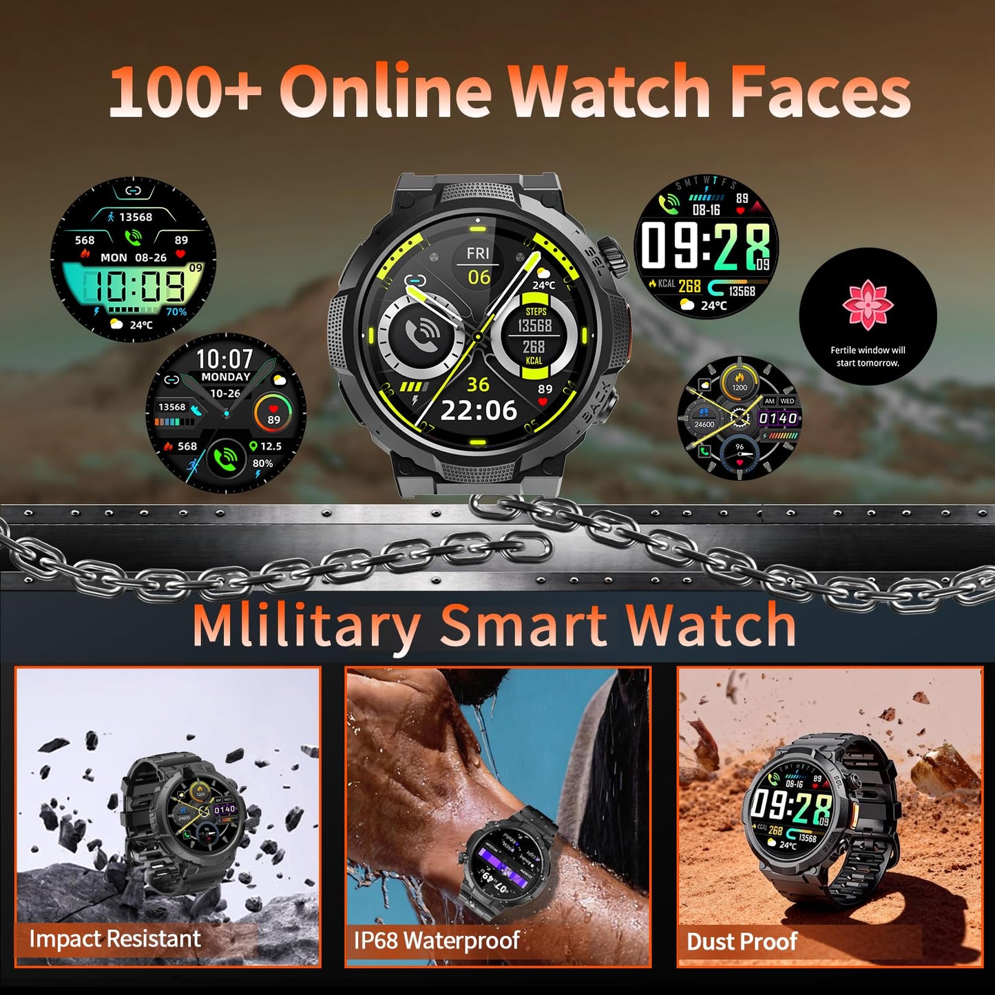 Reloj Inteligente Hombre con Linterna, 1.53'' Militar Smartwatch con Batería de 1000mAh, IP68 Reloj Deportivo con Llamadas Bluetooth/Monitor de Sueño/Pulsómetro, 100+Modos Deportivos para Android iOS