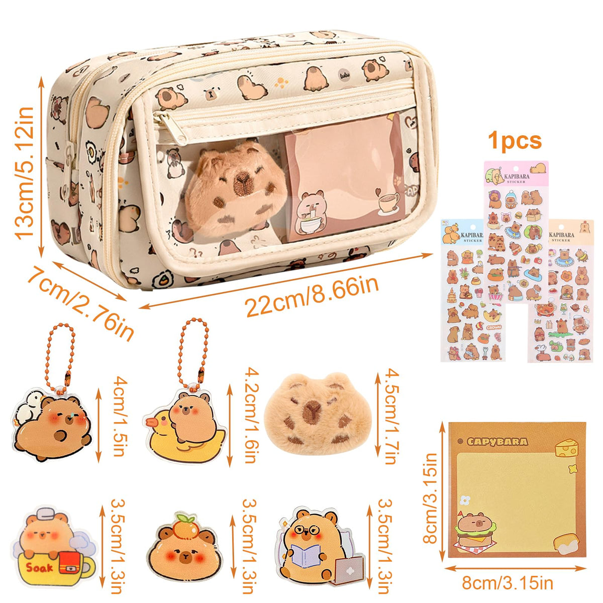 Capybara - Estuche Multicapa de Gran Capacidad con Llavero de muñeca Capybara, broches, Pegatinas, 2 en 1, Estuche extraíble con Cremallera