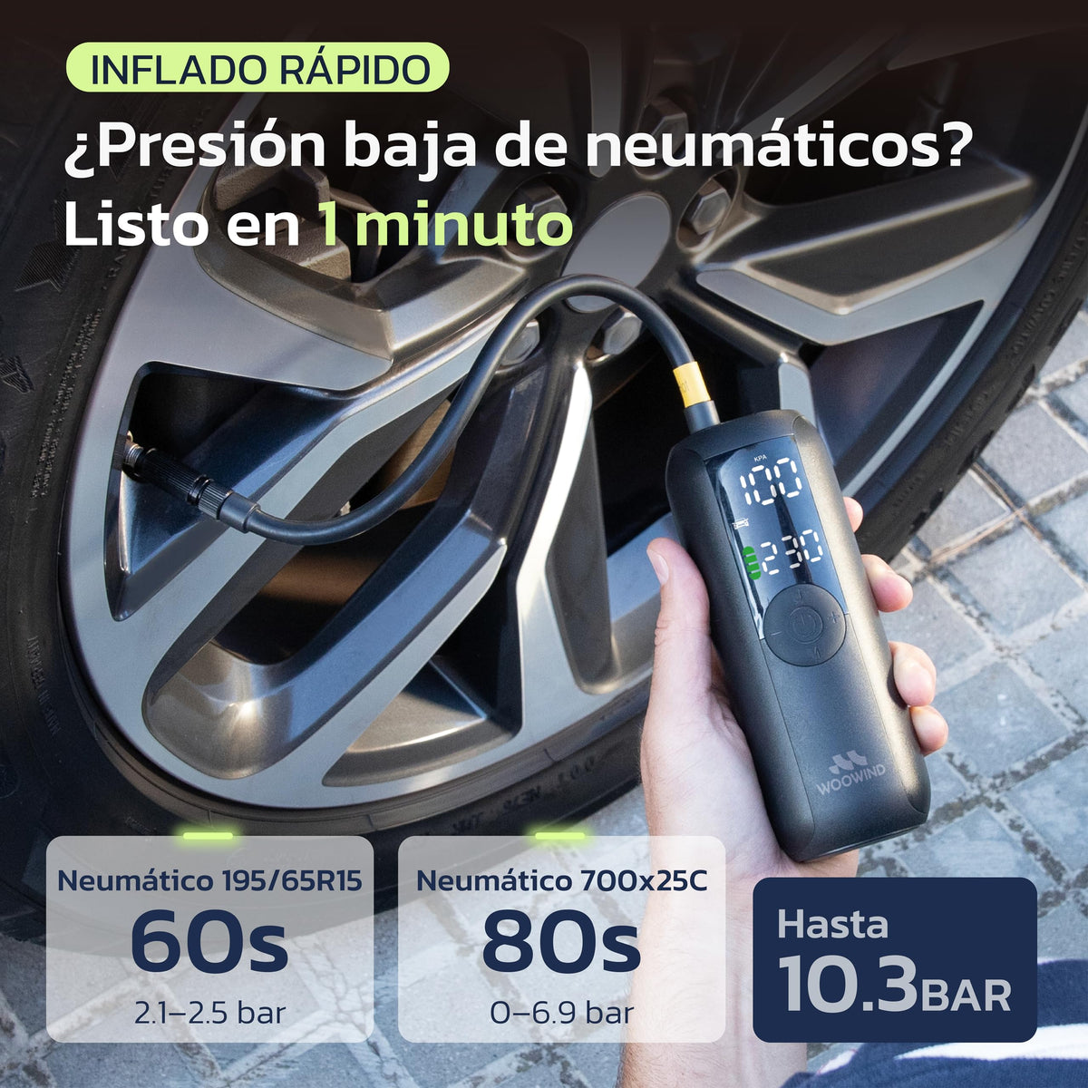 Woowind Inflador Ruedas Coche, Bici y Moto, Apagado Automático, 10,3 Bar