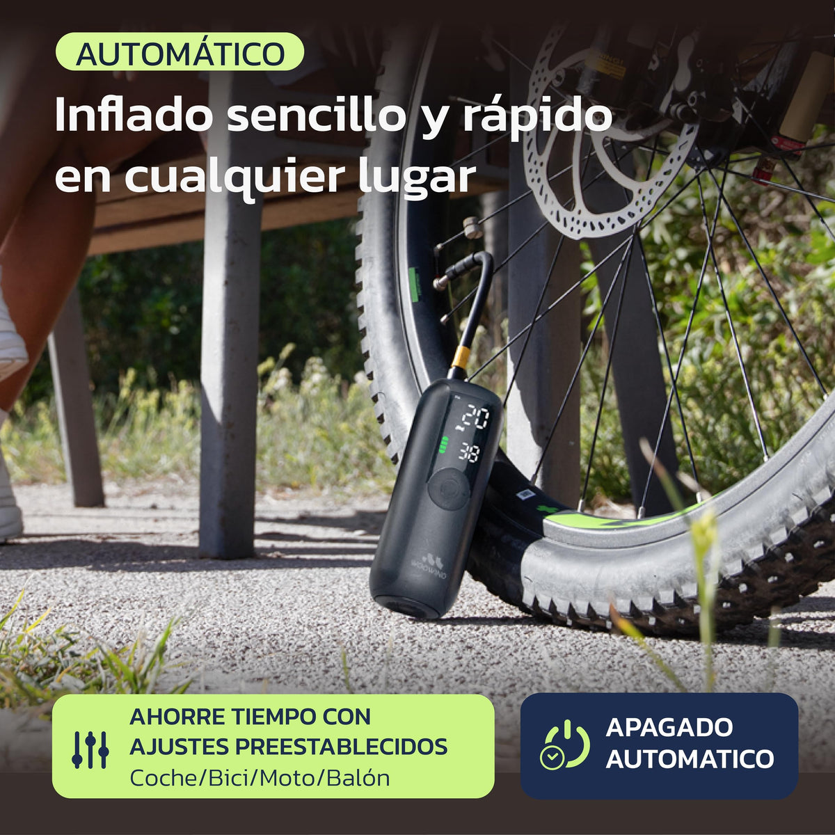 Woowind Inflador Ruedas Coche, Bici y Moto, Apagado Automático, 10,3 Bar