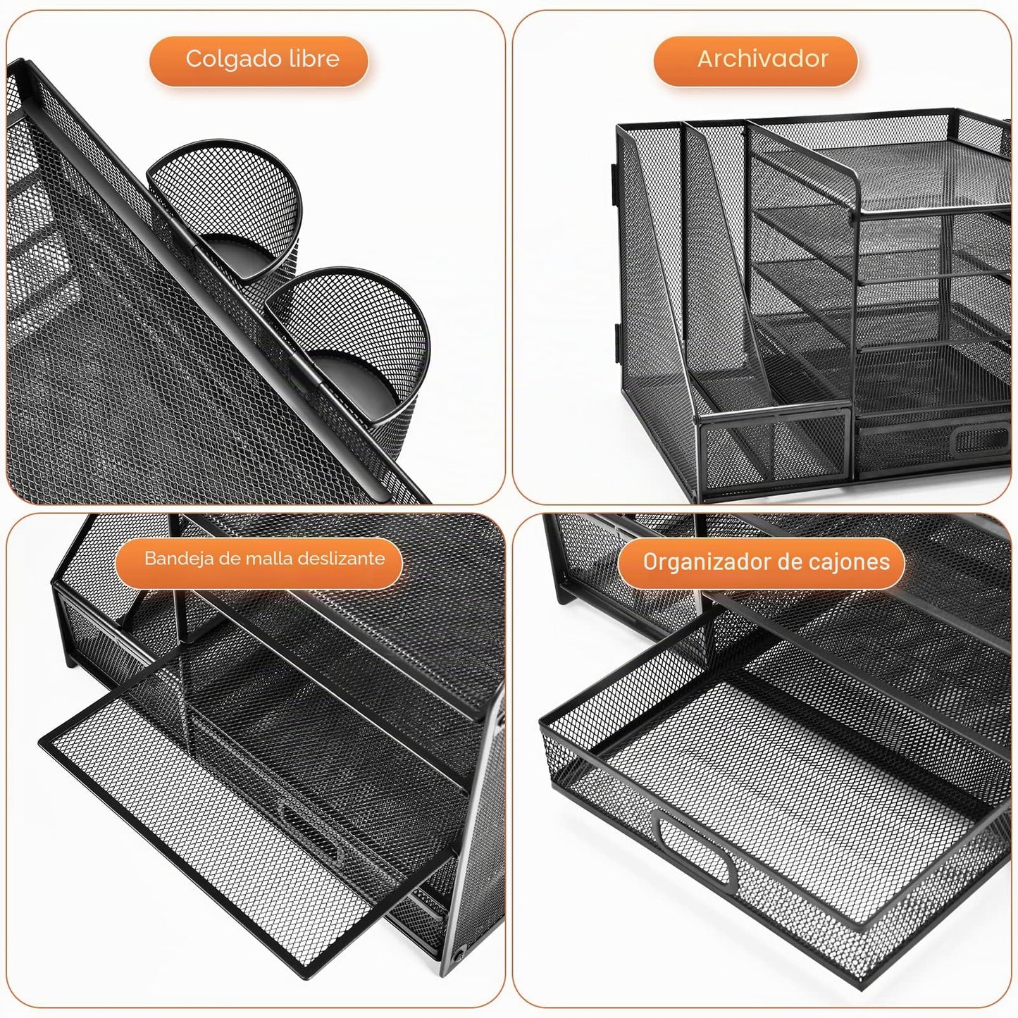 Marbrasse Organizador Escritorio,5 Niveles Bandeja para Cartas con Cajón y 2 Portalápices,Escritorio Organizador con Revistero para Oficina Hogar (Negro con Cajon)