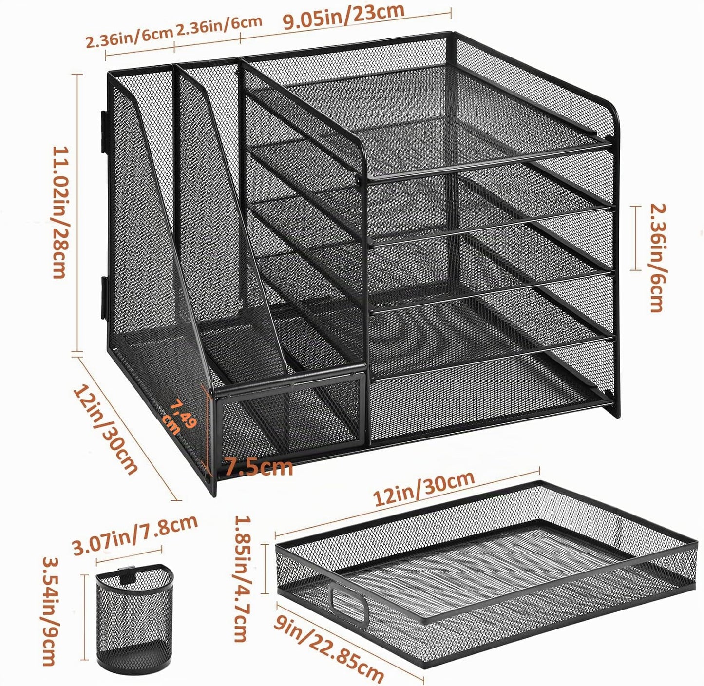 Marbrasse Organizador Escritorio,5 Niveles Bandeja para Cartas con Cajón y 2 Portalápices,Escritorio Organizador con Revistero para Oficina Hogar (Negro con Cajon)