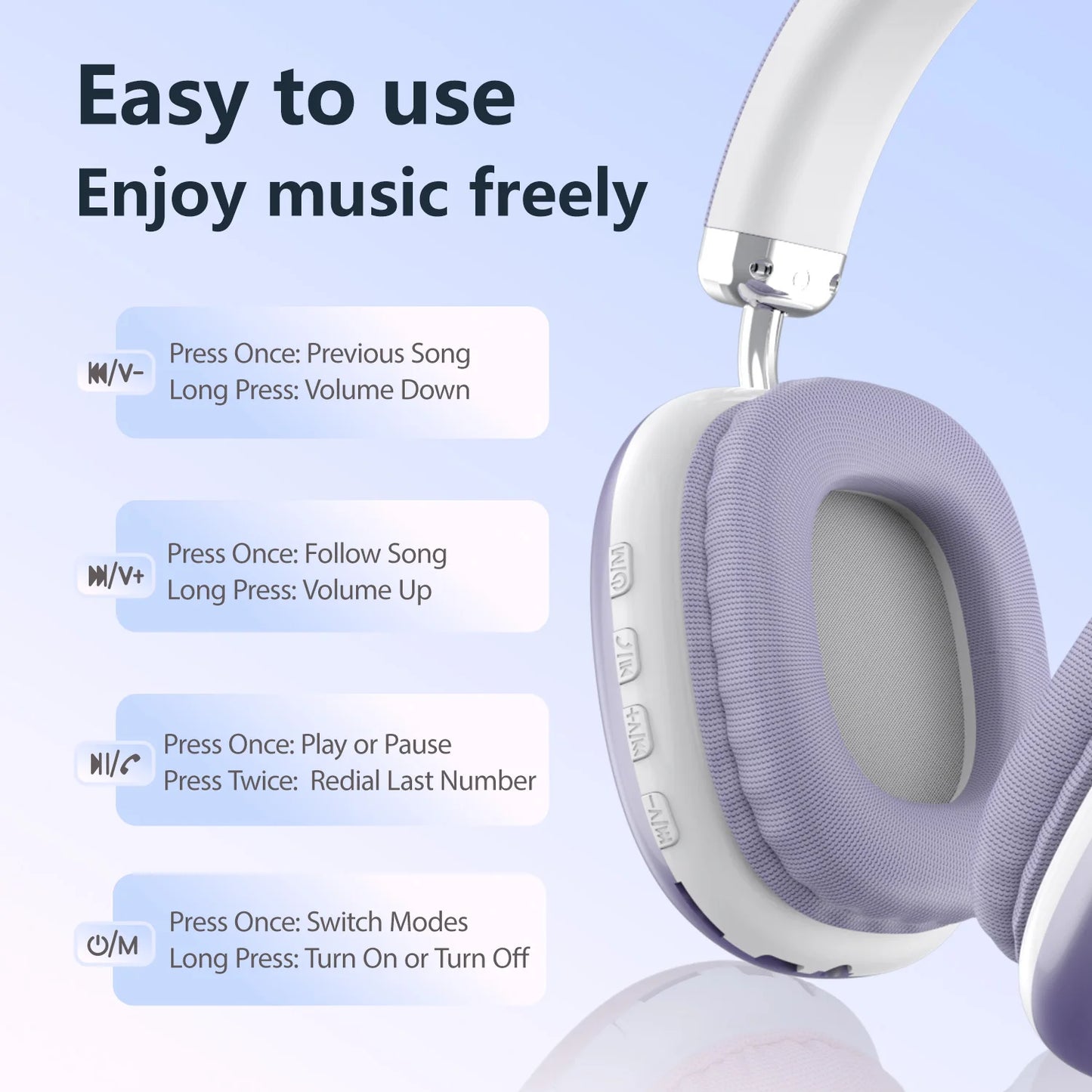 B40 Bluetooth Headphones Over Ear Wireless Headset HiFi Music Gaming Comfortable Mic for iPhone Android PC Purple