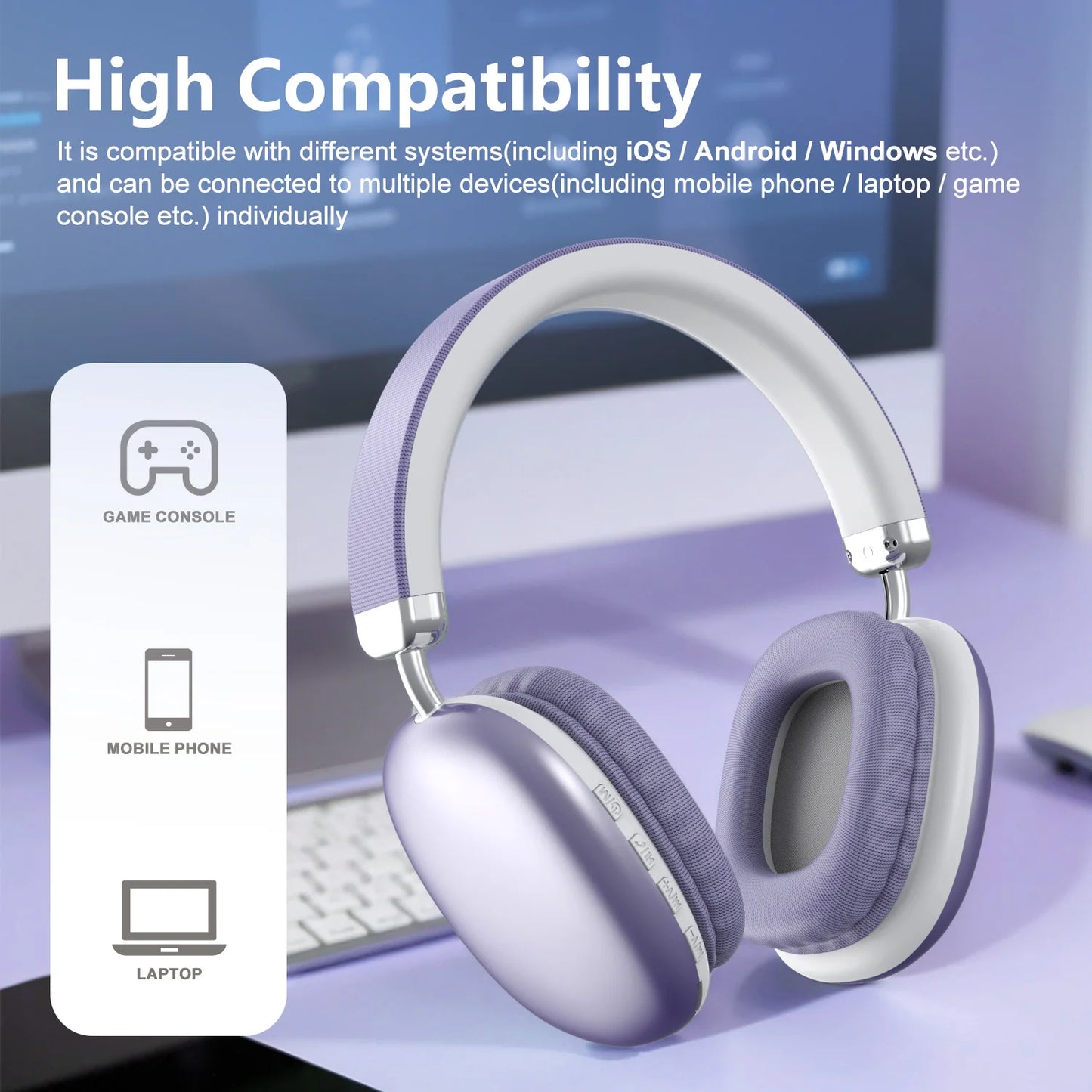 B40 Bluetooth Headphones Over Ear Wireless Headset HiFi Music Gaming Comfortable Mic for iPhone Android PC Purple